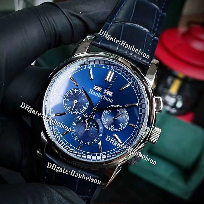 Automatic Mens Watch Moon Phase Complicated Perpetual Calendar Watches Blue Face Wristwatch 43mm Mint green Gift clock