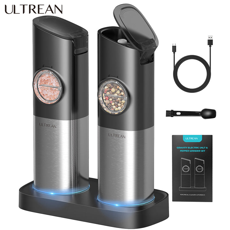 TEMU Ultrean Electric Salt And Pepper Grinder Set - Usb Rechargeable With Dual Charging Base - Adjustable Fineness - 1 Handed , Stainless Steel