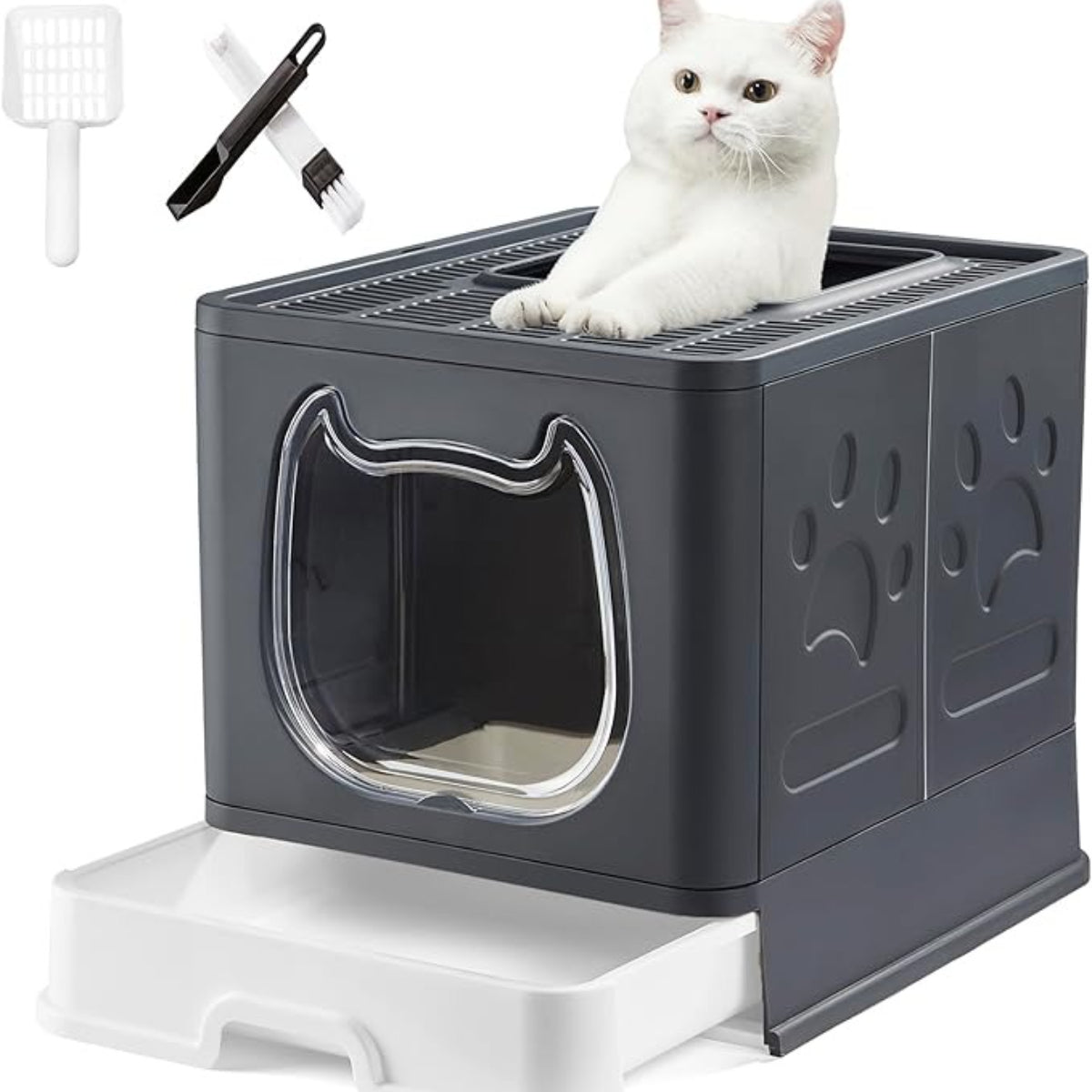 TEMU Cat Litter Box With Litter Mat, Foldable Extra Large Free - With Lid, Drawer Type Enclosed , -splashing (dark Purple)