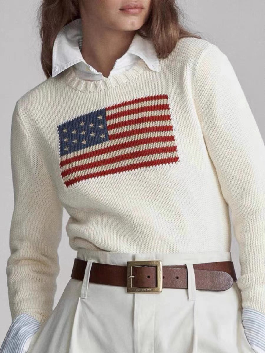 US Women&#039;s knitting sweater - Flag of the United States sweater 2023 winter fashion comfortable cotton pullover