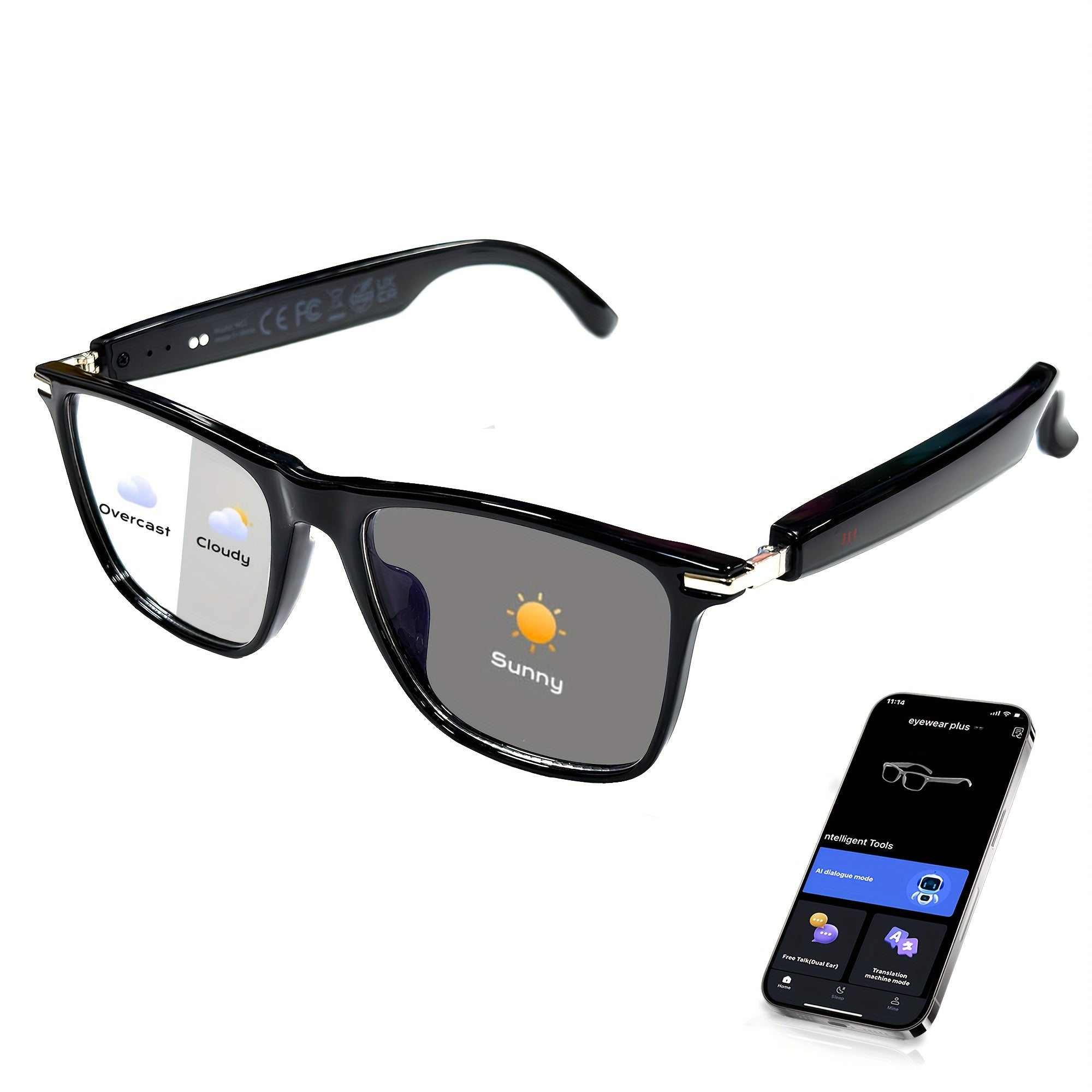TEMU Ai Smart Glasses With 160-language Real-time Translation & Gpt Chat System, Ic, -like Audio, Color-changing Lenses, Built-in Mic-speaker, Low- &