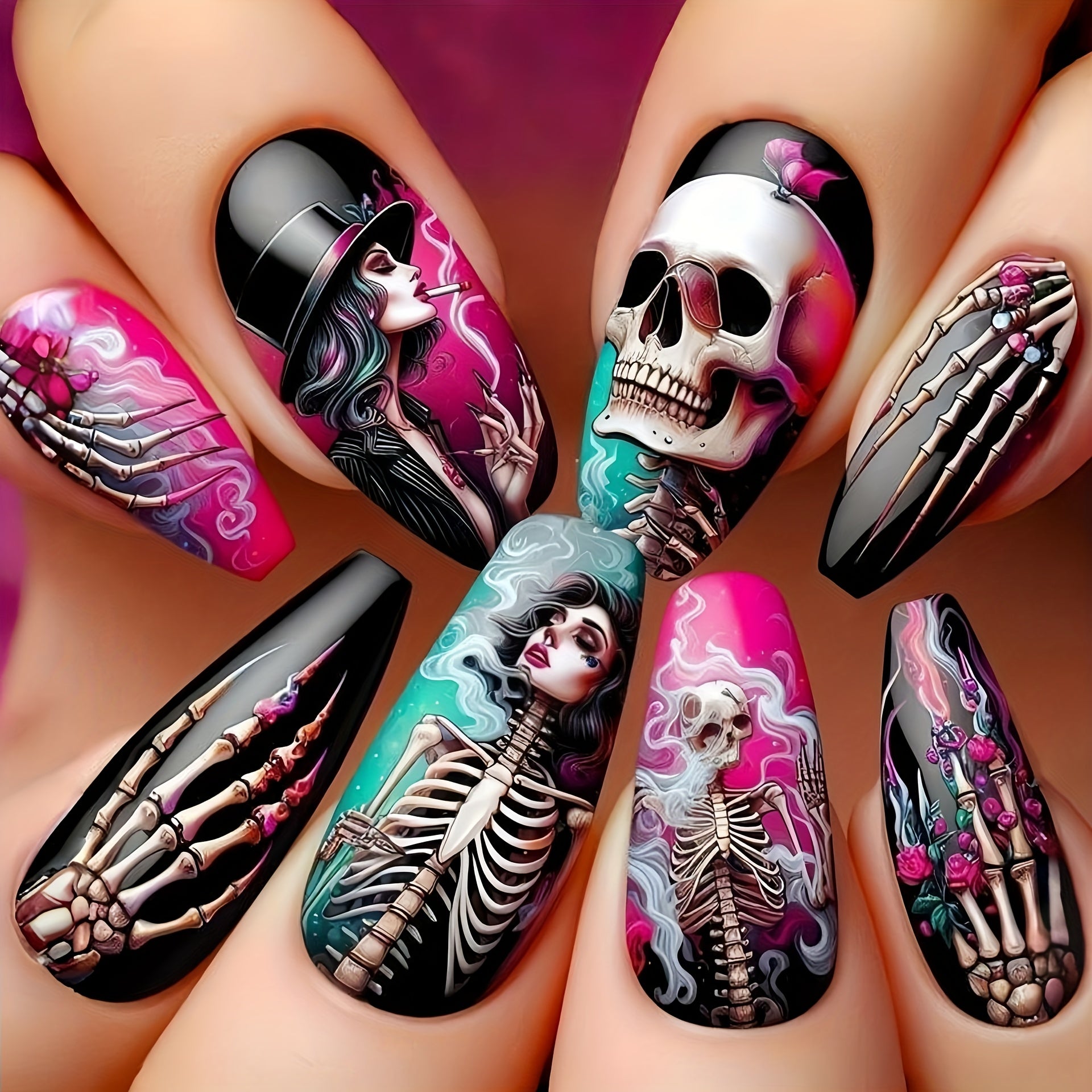 TEMU 24pcs Halloween Nail Art Set - Western Punk & , Long Ballet Press-on Nails With Nail File & Jelly Glue, Reusable Abs Material, Glossy Finish,