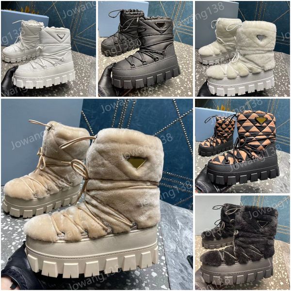 Plaque Snow Boots Designer Nylon Gabardine apres-ski Shearling boots Luxury Women Autumn Winter Logo Waterproof cloth Warm Big Teeth Thick S