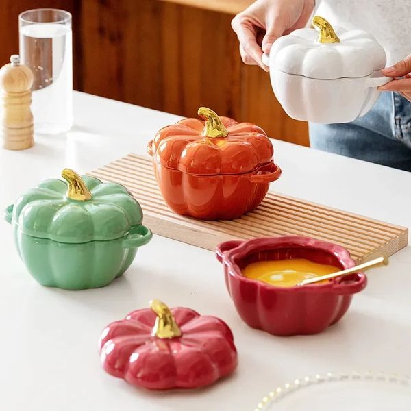 Pumpkin Ceramic Bowl With Lid Microwave Bakeware Oven Baking Kitchen Halloween Party Festival Decoration ramen Cereal Bowl Set 240808