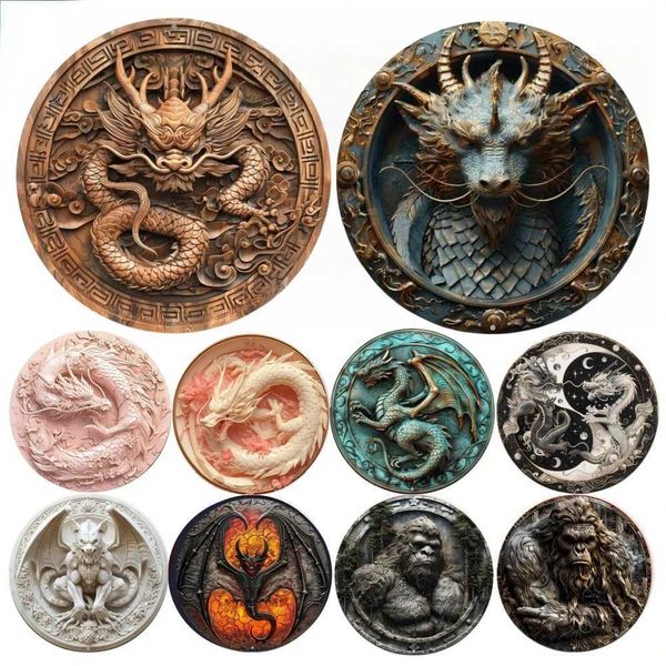 3D Round Metal Aluminum Sign Art Chinese Dragon Decorative Plates Entrance Gift Mask Theme for Bar Club Home Room Wall Decor Y240803