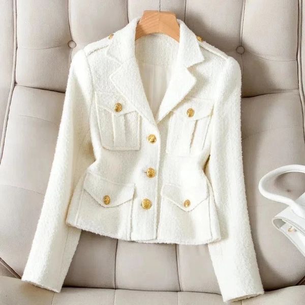 Womens Suits Blazers 4Xl Fashion White Blazer Suit Collar Small Fragrance Jacket Highquality Coarse Tweed Coat Short Black Wool Outerwear Fe