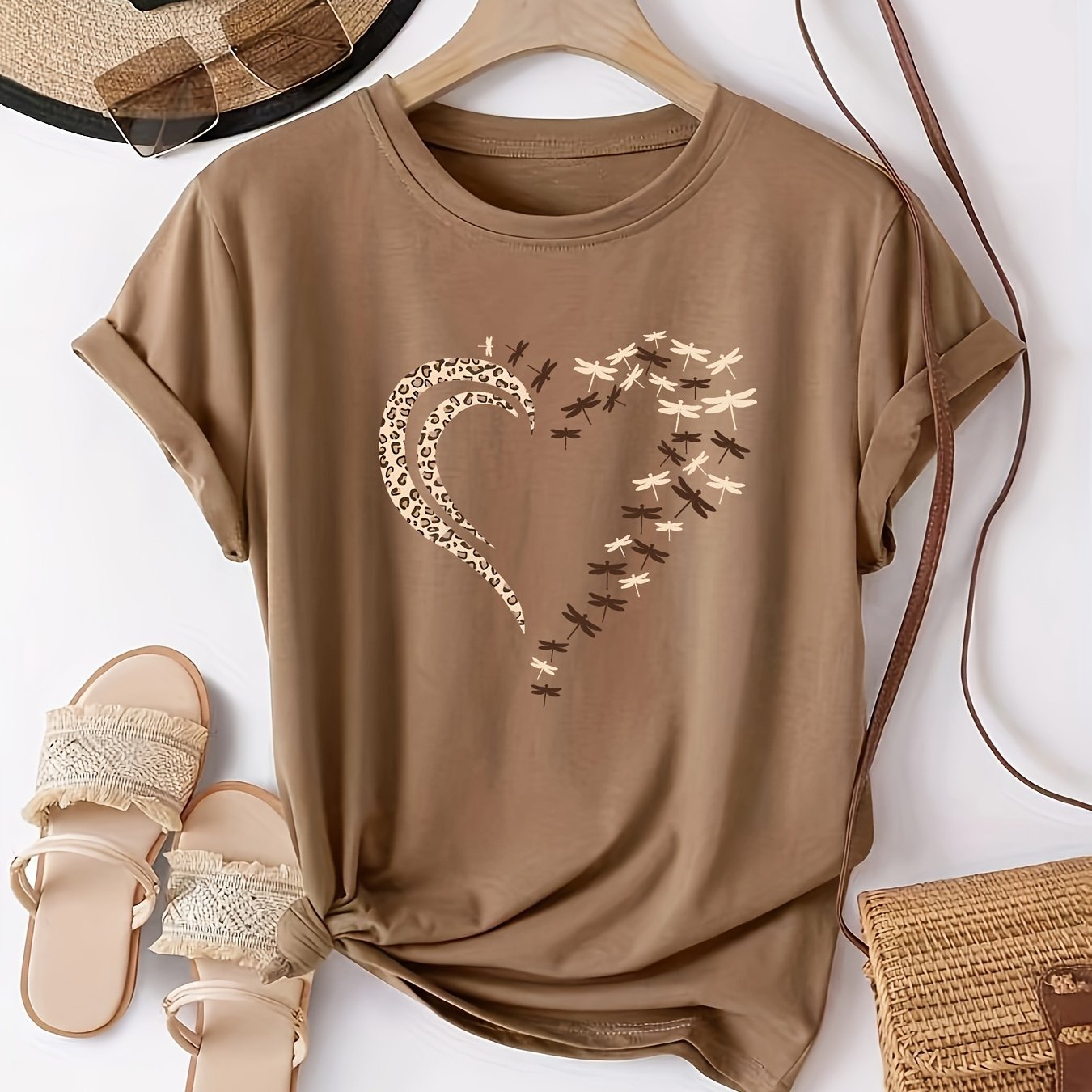 TEMU Heart Neck T-shirt, Casual Short Sleeve Top For , Women's Clothing