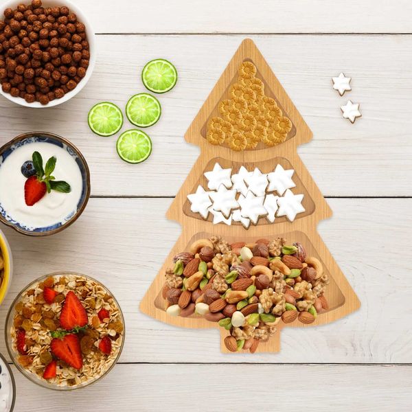 Christmas Tree Tray Serving Bowls Xmas Wood Appetizer Plates Wooden Food Fruit DishC241014