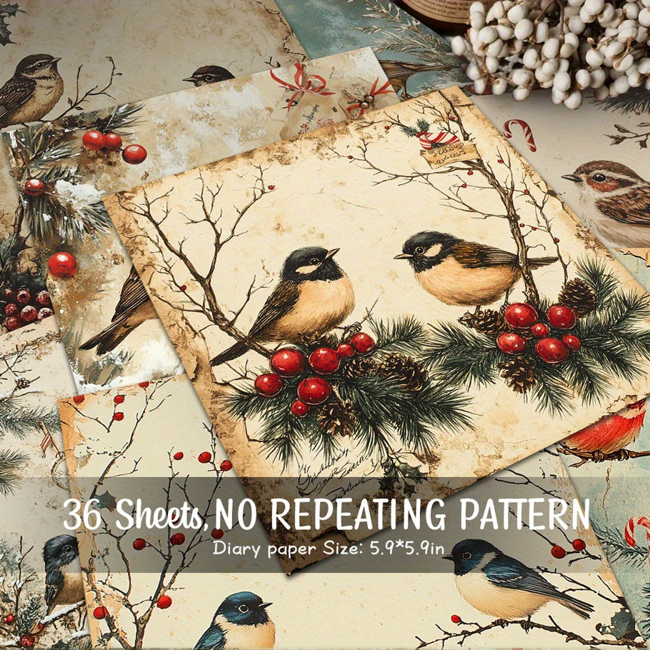 TEMU 36 Sheets Vintage Christmas Paper - Non-repeating Patterns, With Birds, Pine Branches, Red Berries - For Scrapbooking, Card Making, Journaling,