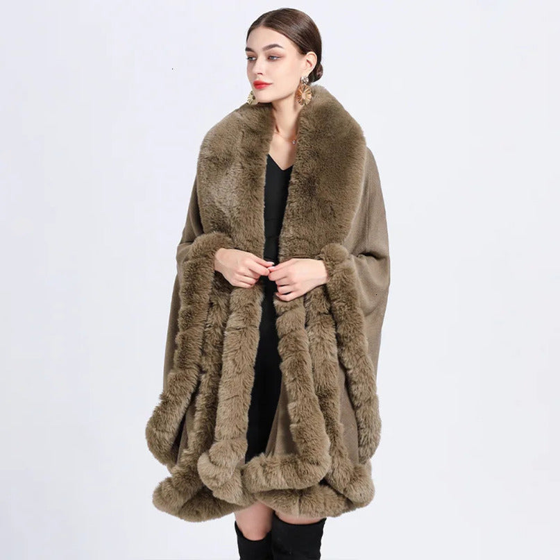 Europe America Otter Rabbit Fur Collar Hooded Cashmere Loose Ponchos Women Capes Khaki Cloak 241112