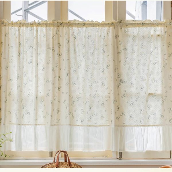 French chiffon ruffled Short Curtains Rodpiercing Floral HalfCurtain Kitchen Cafe Living Room Bay Window Cabinet Curtain Sheer Curtains 2501