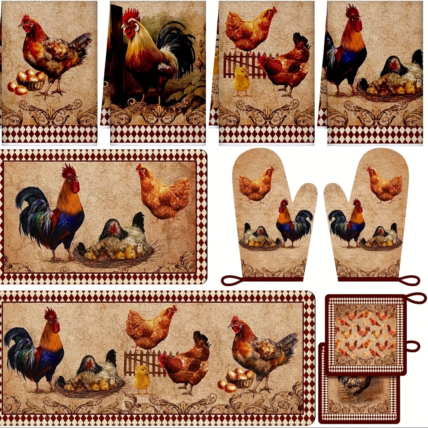 TEMU 10pcs Rooster Dish Towels Rugs Oven Mitts And Pot Holders Sets Farmhouse Rustic Rooster Kitchen Decor Set For Cooking Baking Grilling Women Mom