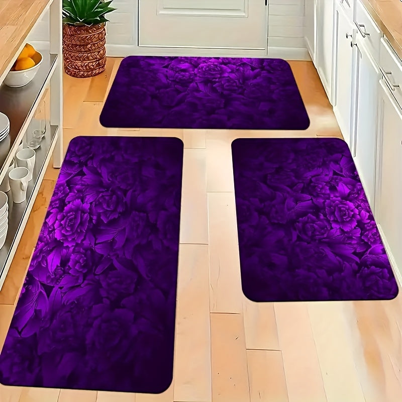 TEMU 3pcs Purple Floral Kitchen Floor Mat, Machine-washable Polyester, Thick And Durable Mat, Suitable For Home Decoration, Living Room, Porch And
