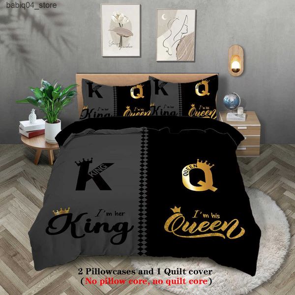 Bedding sets 3pcs fashionable black gray K and Q design printed bedding set soft comfortable and breathable duvet cover bedroom hotel L24091