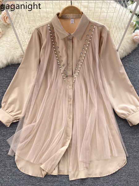 Women&#039;s Blouses Shirts Gaganight Women High quality Mesh Studded Beads Turn down Collar Dress Summer White Temperament Shirt Dresses 23