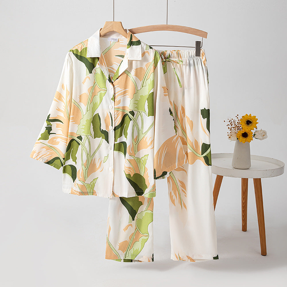 Special priced silk women&#039;s sleepwear set with 7-inch sleeves 9-inch pants, thin, high-end and niche home wear