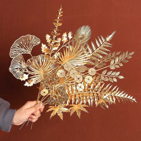 Golden Artificial Plants New Year 2023 Ornaments For Home Decor Navidad Merry Christmas Decoration Fake Flowers Vase Accessories Y240801