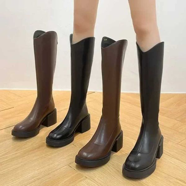 2024 Fi Warm Boots Soft Leather Knee High Boots Warm Zipper Fem Square High Heels Warm Shoes Winter Knight Boots D63 Y241107