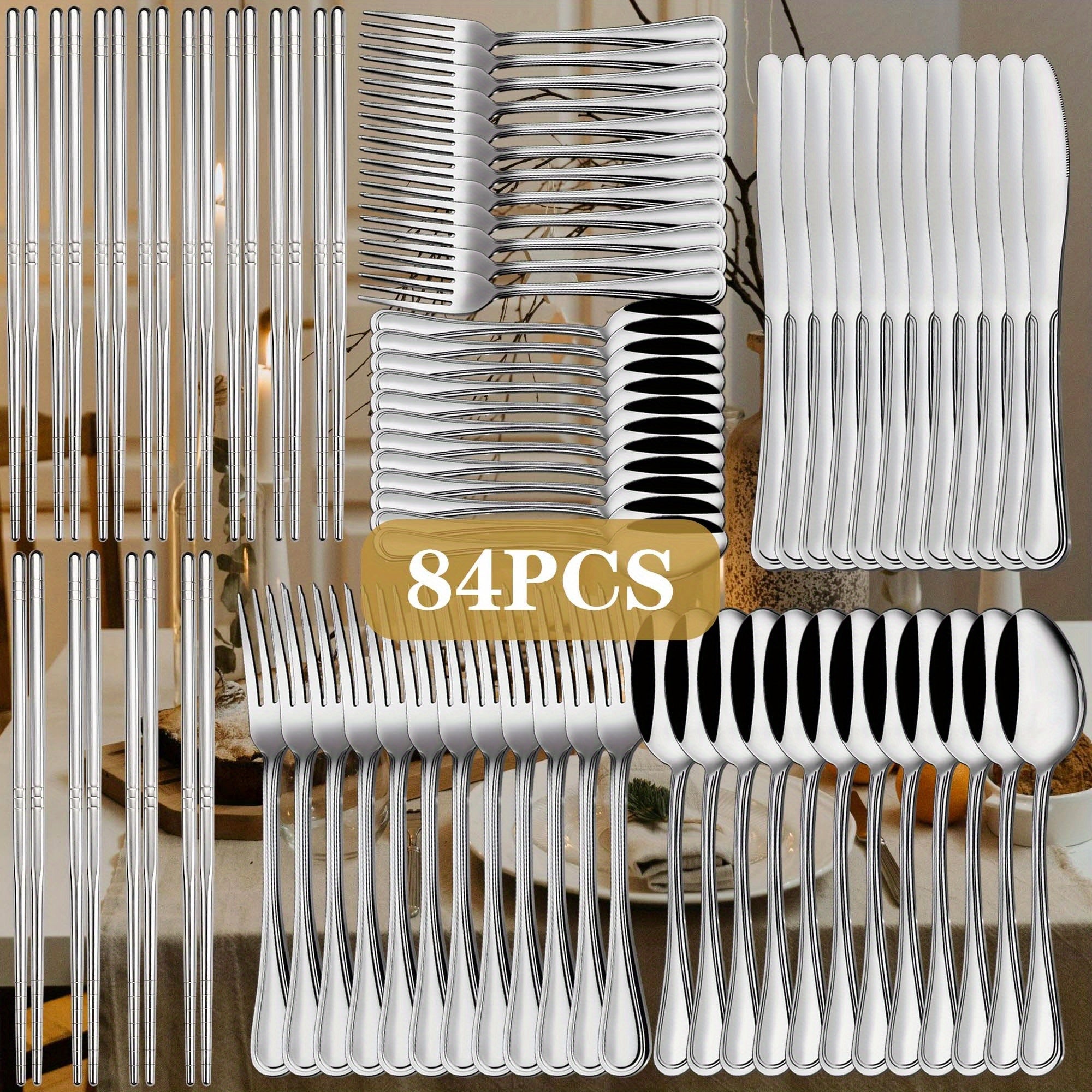 TEMU 63-84-130pcs Stainless Steel Tableware Set - Kitchenware With Forks, Knives, Spoons & Chopsticks - Mirror-polished, Ideal For Families, Hotels,