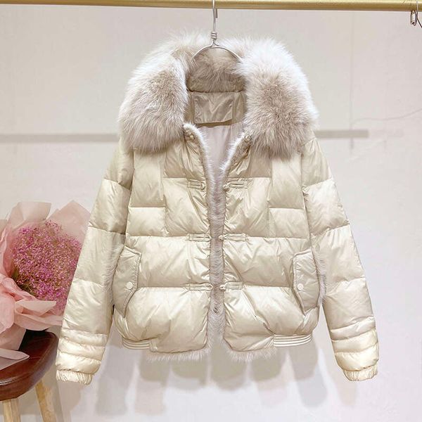 Lapel Fox Big Fur Collar Ing Mink Short Down Jacket New Women&#039;s Plate Buckle Bread Coat Winter Clothing Coats