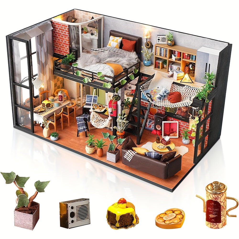 TEMU Diy Dollhouse Kit With Dust Cover - Handcrafted 3d Puzzle, Cozy , Ideal For Home Decor & Christmas Gifts - Glue & Batteries Not Included,