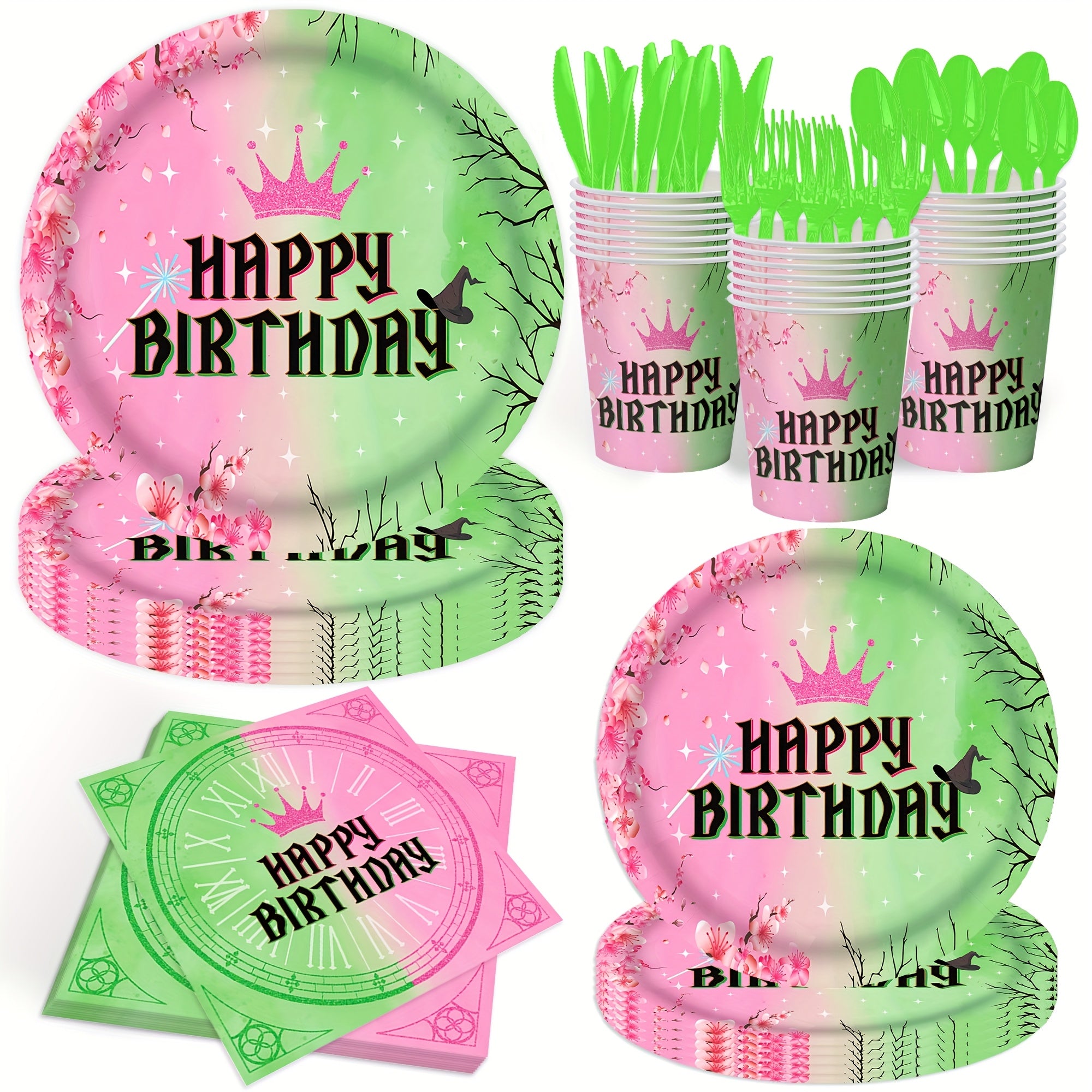 TEMU 140pcs, Birthday Party Decorations Tableware Set, Happy Birthday Party Supplies Pink And Green Plates And Napkins, Serve For 20 Guest, For