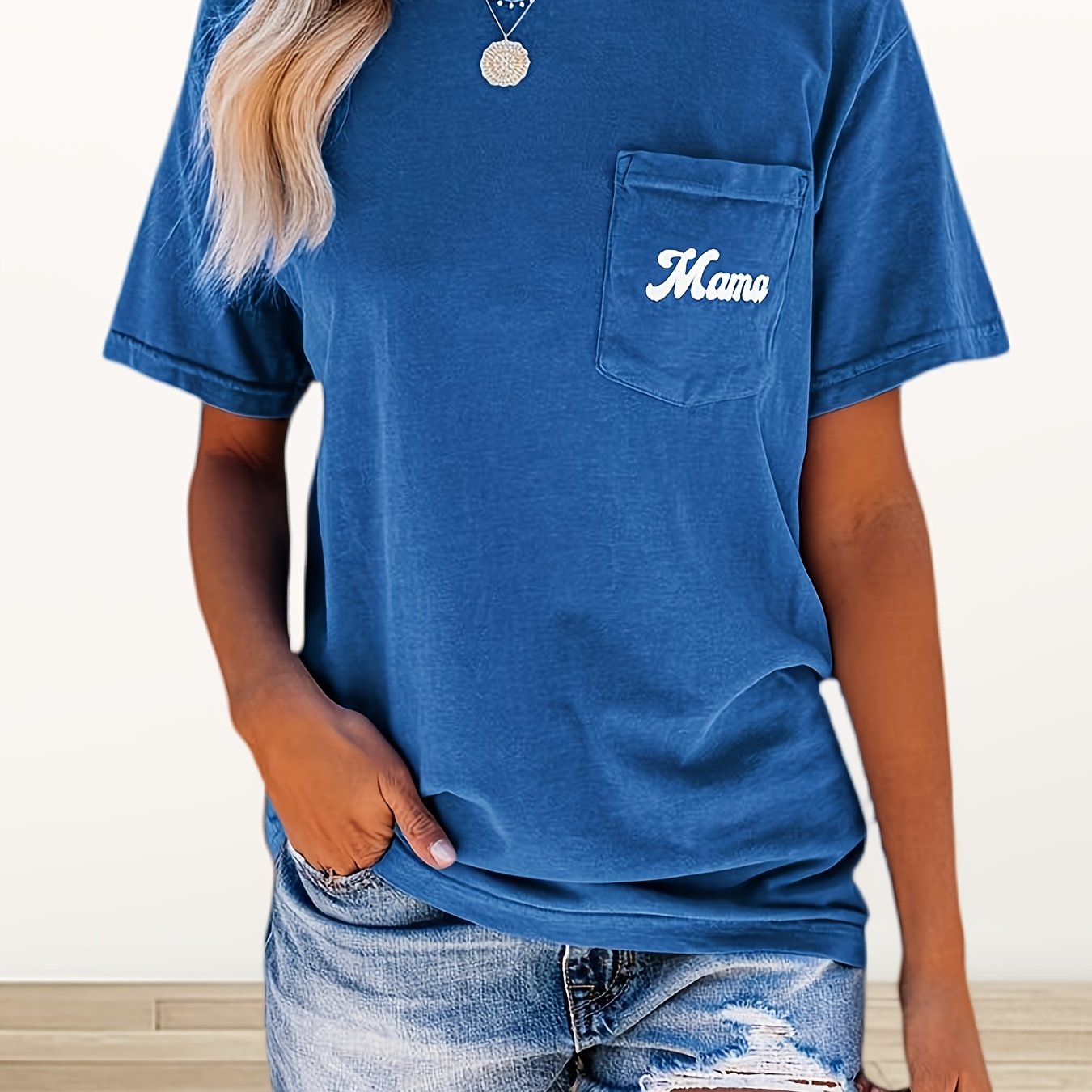 TEMU Women's Letter Print Basic Crew Neck Tee Summer Short Sleeve T-shirt With Pockets Loose Fitting Tops