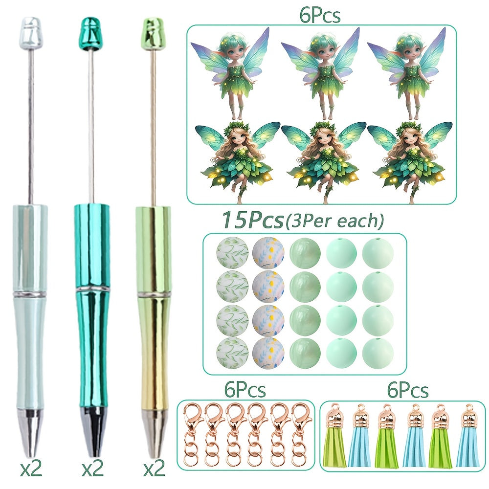 TEMU Halloween Gifts 39pcs Fairy Element Beaded Pen Set, 6sets Plastic Bead Pens With , 1mm Ballpoint Pen Diy Craft Kit, With Silicone Charms For