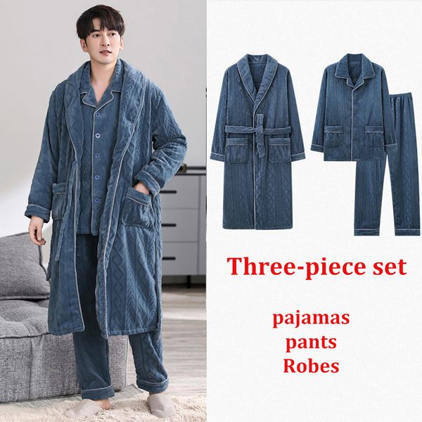 2024 3pcs Winter Warm Pamas Sets For Men Bath Robe Pama Flannel Thicken Sleepwear Cozy Sleeping Clothes pyjama homme hiver