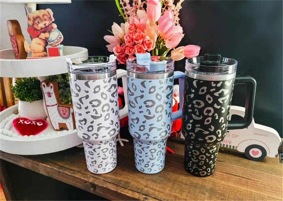 stanley quencher 40oz tumbler leopard print with Logo handle lid straw beer mug water bottle powder coating outdoor camping cup vacuum