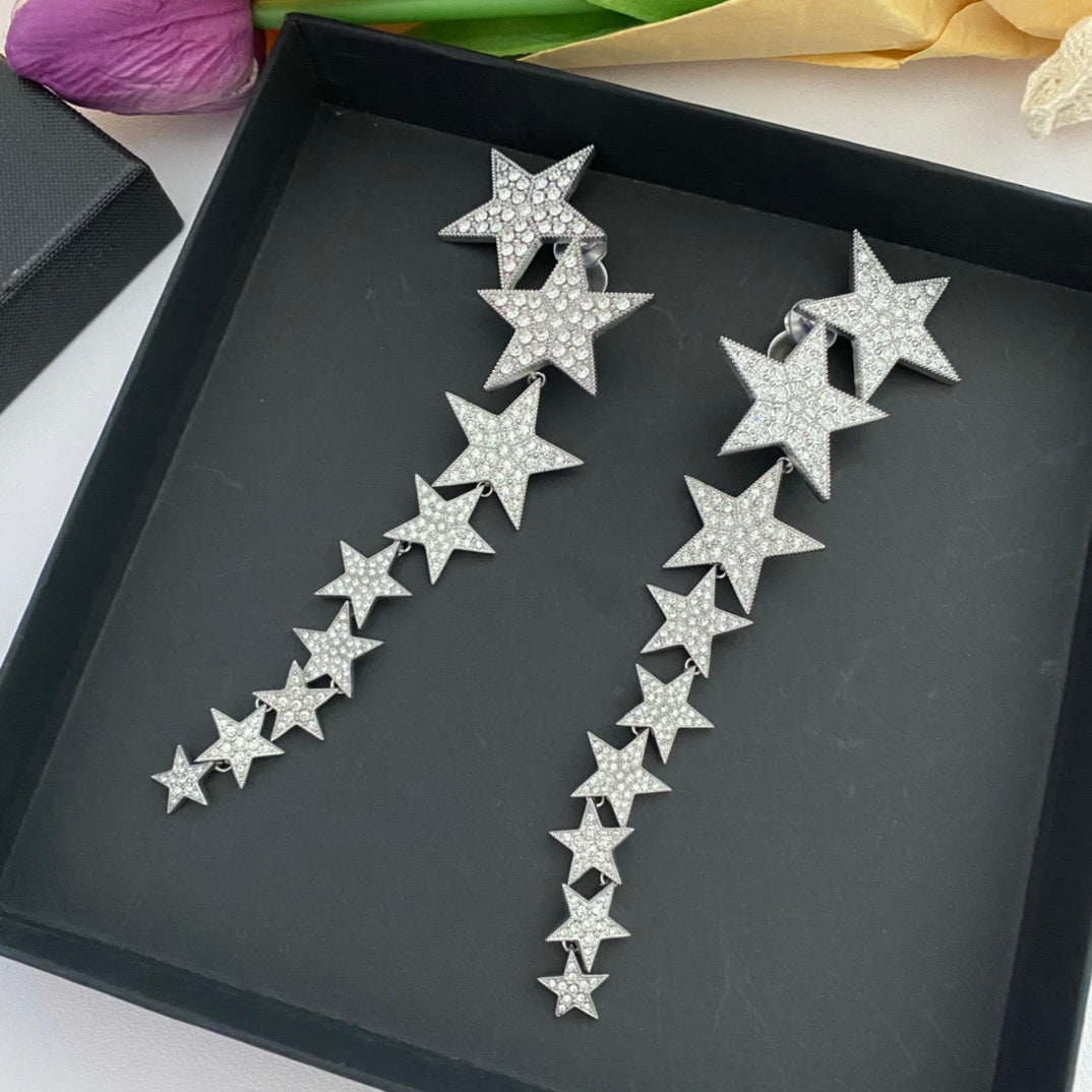 New Designed women silver stars Tassels earrings Full diamonds pentagram tassel ear clip ear studs hoops Designer Jewelry