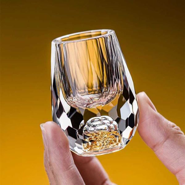 Diamond Cut Shiny Crystal Gold Foil Shot Glass Turquoise Liquor Vodka Wine Glasses Golden Mountain Baijiu Cup Sake Spirit Goblet Y250122