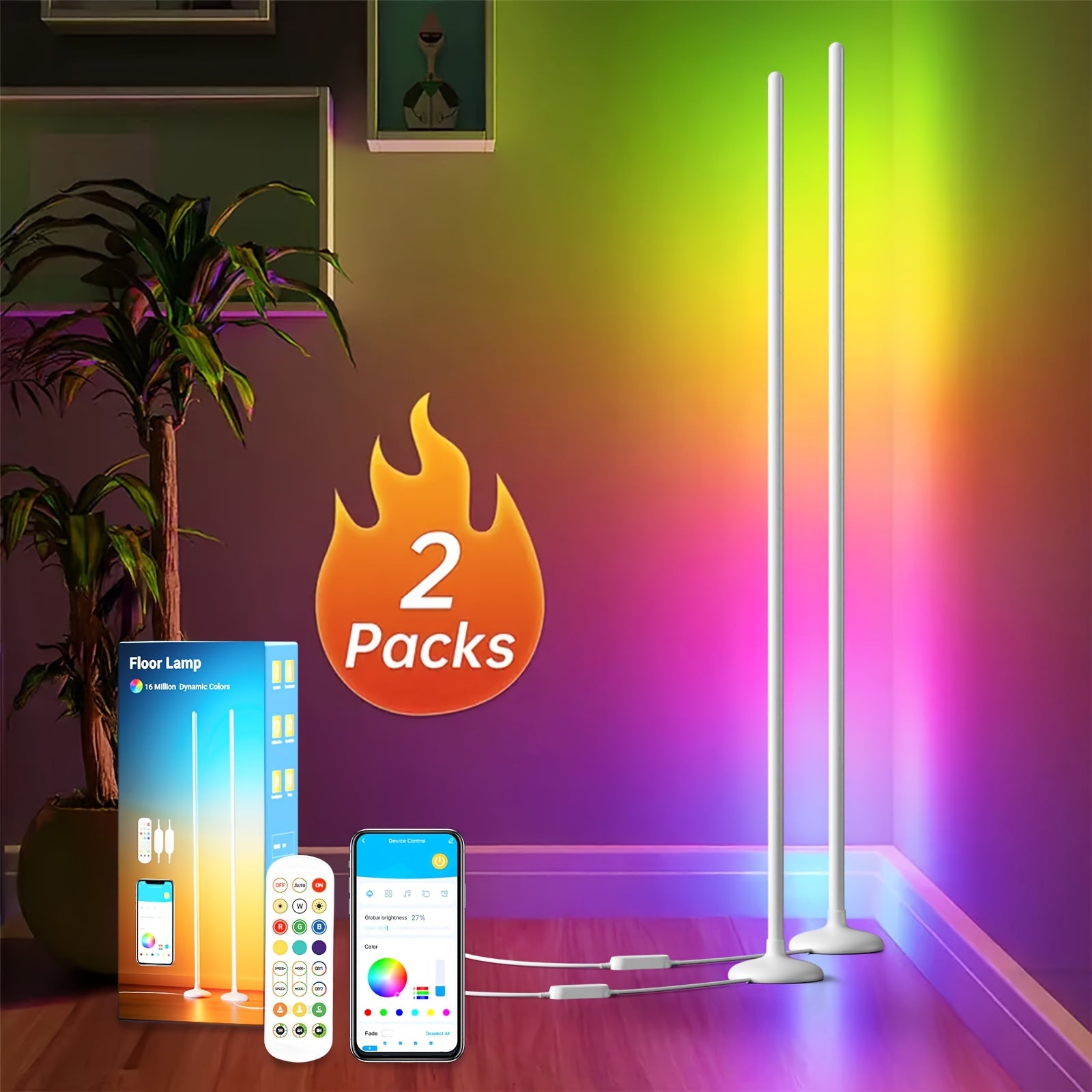 TEMU 2pcs Smart Rgb Led Floor Lamp With App & Control, Usb-powered Wireless Standing, Changing Dynamic Party For Living Room, Gaming Room, Dj Mode,