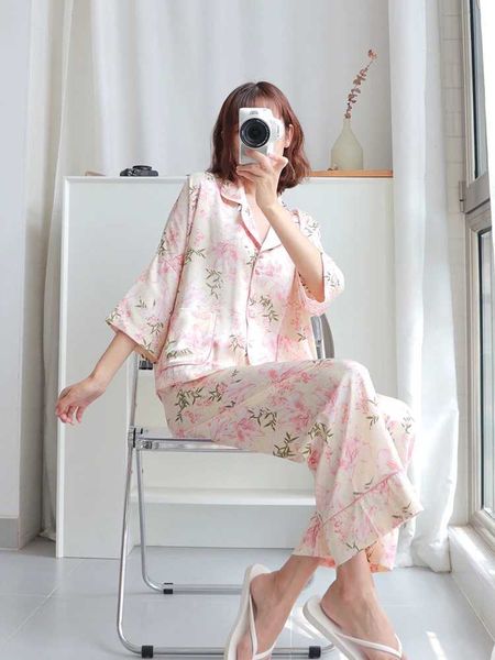 Womens Sleepwear Ice Silk Pajamas Womens Summer Seven-point Slve Suit 2023 New Summer High-end Real Silk Satin Home Clothes Y240426