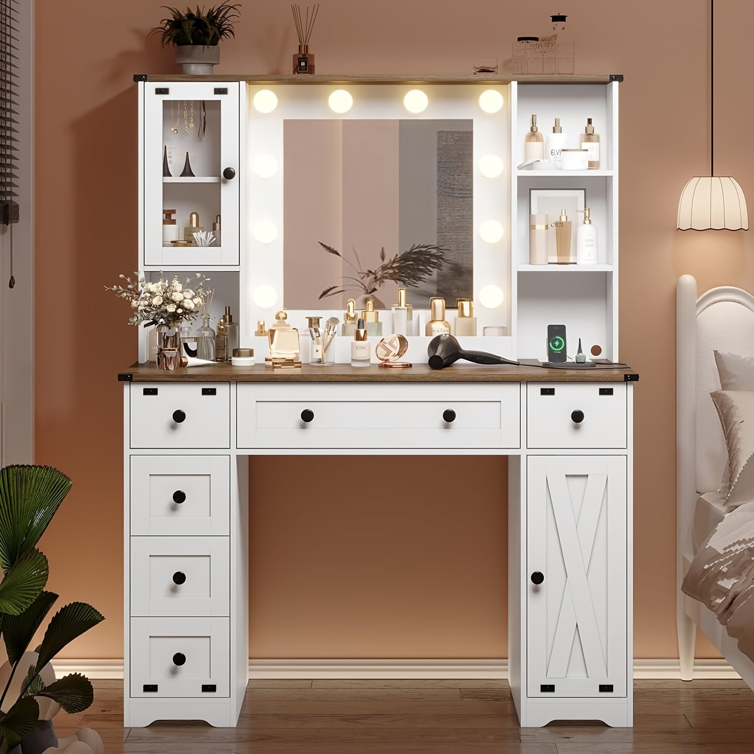 TEMU Farmhouse Vanity Desk With 3-color Lighted Mirror&charging Station Makeup Dressing Table With 6drawers&cabinet, White