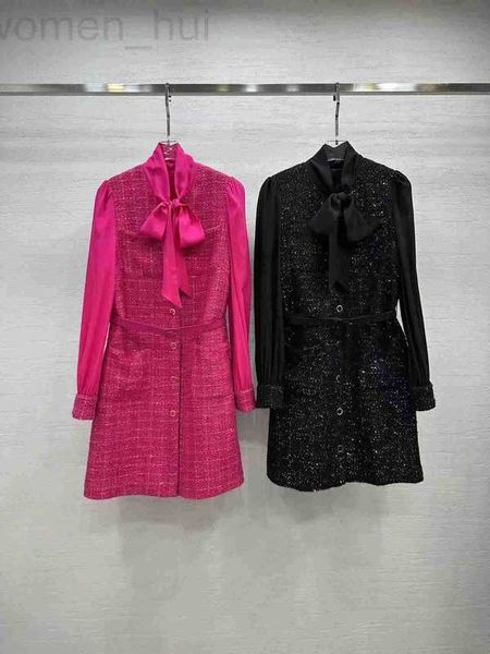 Basic & Casual Dresses designer dress for woman Fashion splice Wool Tweed With Belt Buttons Cardigan Coat luxury long Fitted Long Sleeve Ele