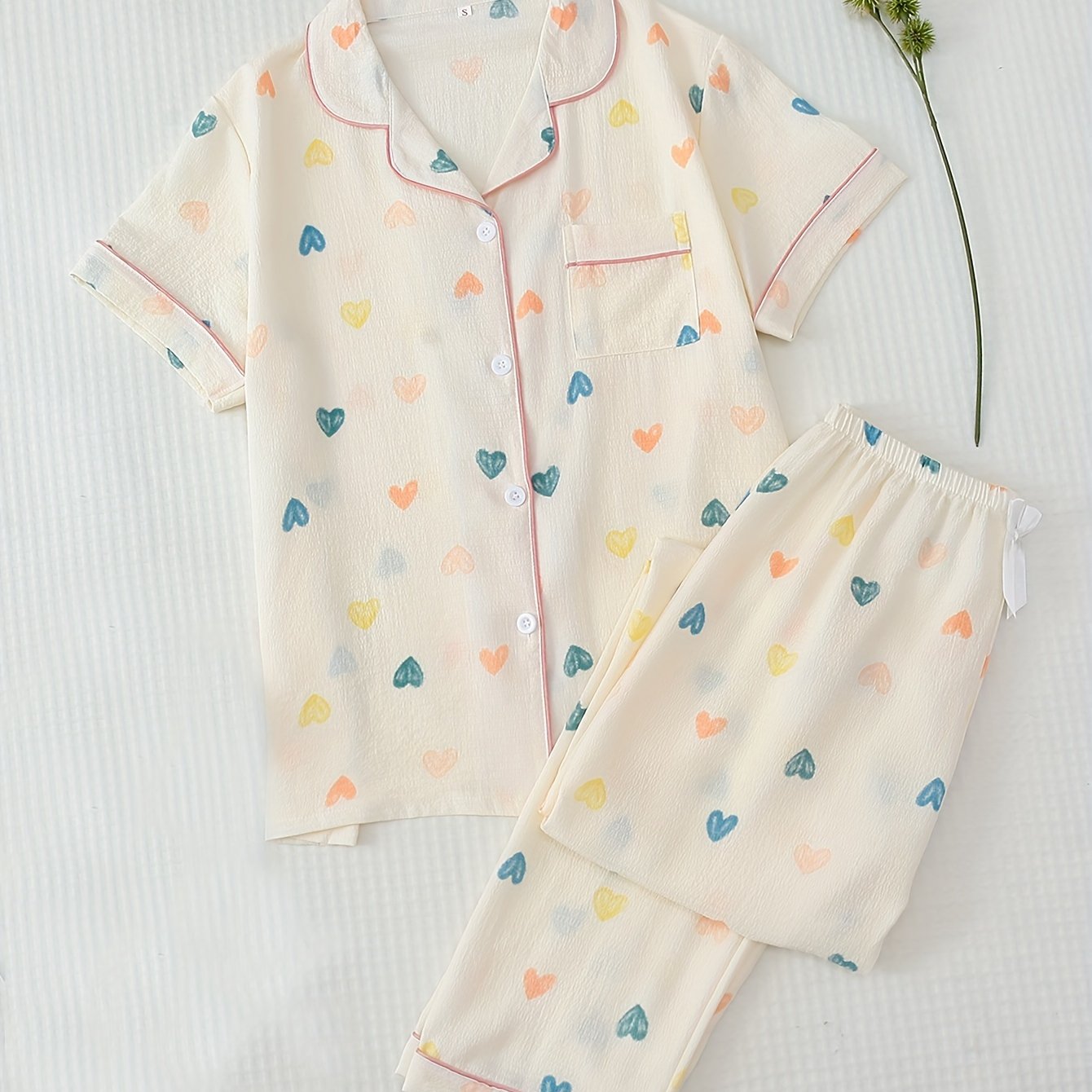 TEMU Heart Print Pajama Set, Short Sleeve Button Up Top & Elastic Waistband Pants, Women's Sleepwear & Loungewear