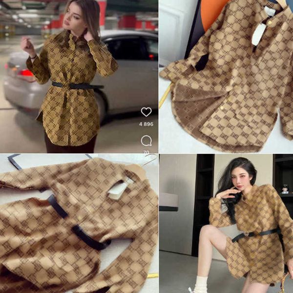 women Shirt Classic Logo Jacquard Pocket Lapel Long Sleeves Jackets Single Row Button Belt Corset Waist Design Medium Length Outerwear Jacke