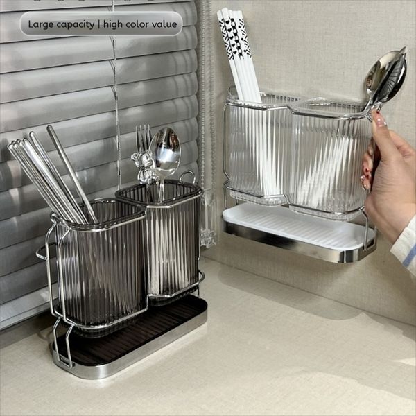 Wall Mounted Kitchen Cutlery Organizer Light Chopstick Spoon Holder Stainless steel Utensil Drying Rack 250118CJ