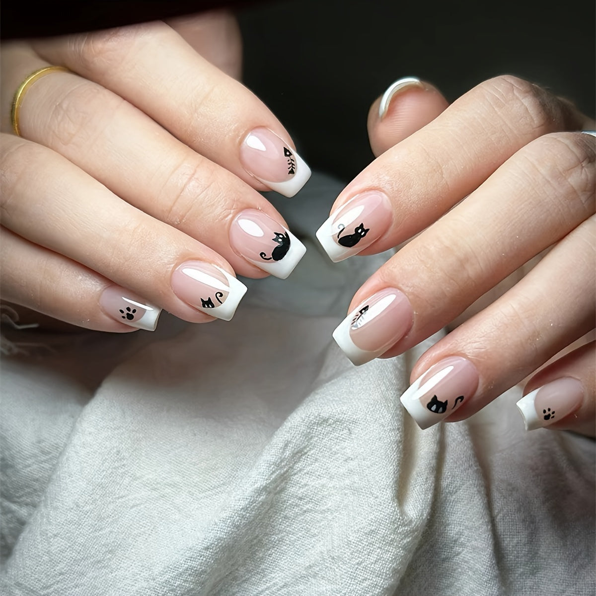 TEMU 24pcs French Manicure Nail Stickers, Cartoon Black Cat Design, Removable Short Square Nail Tips, Mixed Color Glossy Finish, Animal Pattern Fake