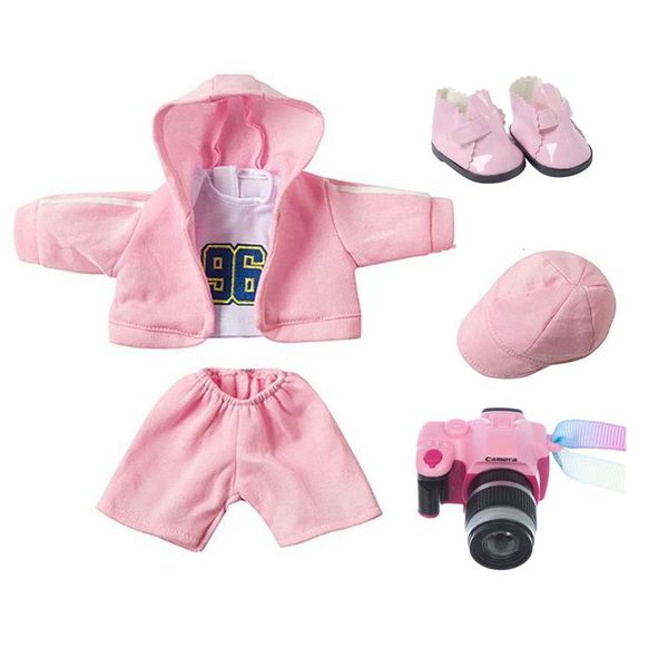 Hot selling 4 pieces of doll accessories for American girls dolls in bulk, Meiwa pink hoodie set+pink shoes+pink camera 18 inch children&#03