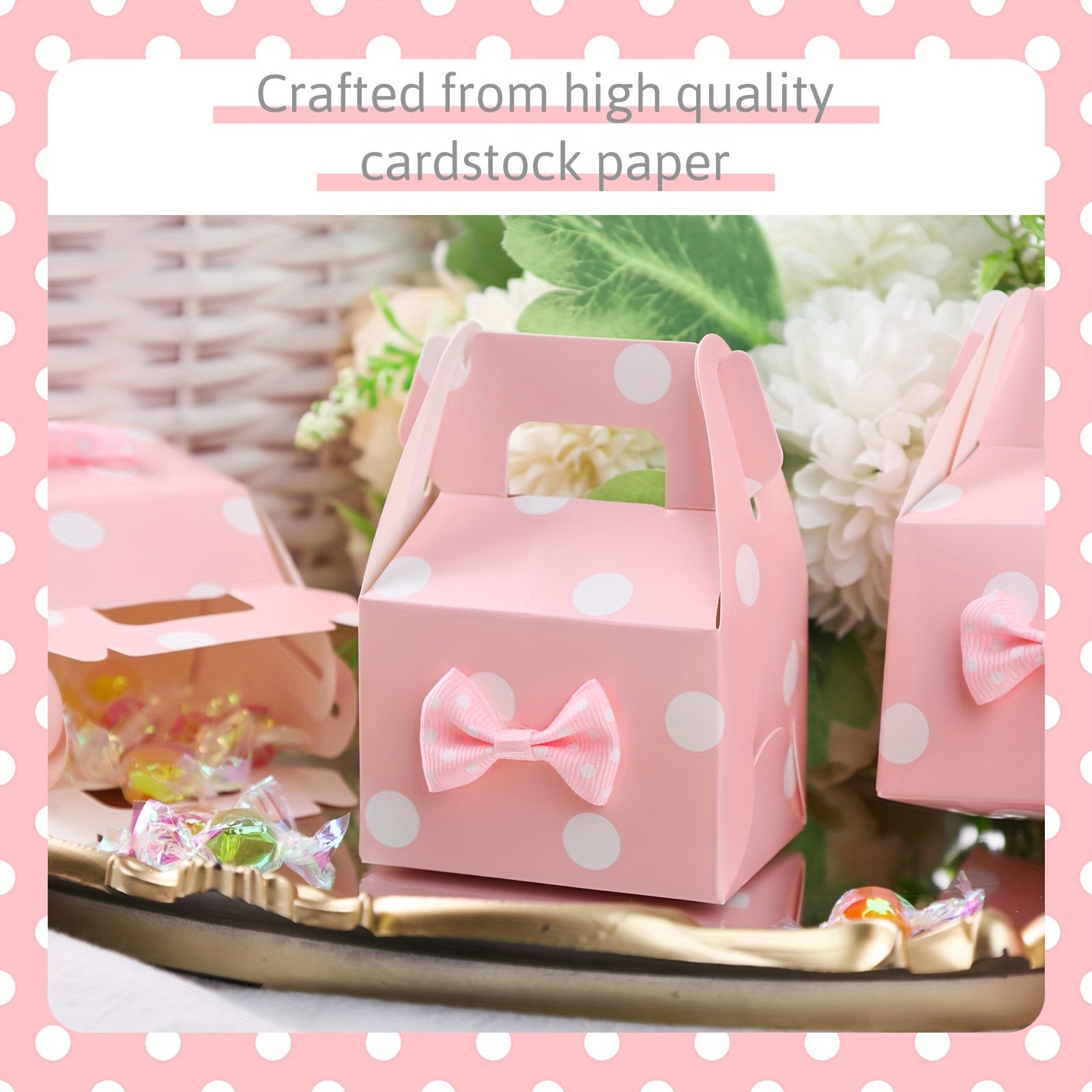 TEMU 30pcs Pink Polka Dot Favor Boxes With Gable Lids Ribbon Bows, Sturdy Paper Treat Boxes, Suitable For Desserts, And Candies, Perfect For Party