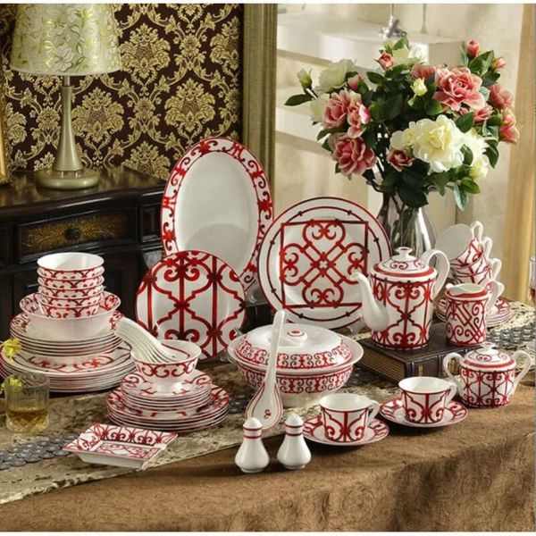 NEW Bone China Western Tableware 58 PCS Ceramic Dinnerware Set Chinese Red Color Porcelain Dishes Plates Cups And Saucers Kit Gifts
