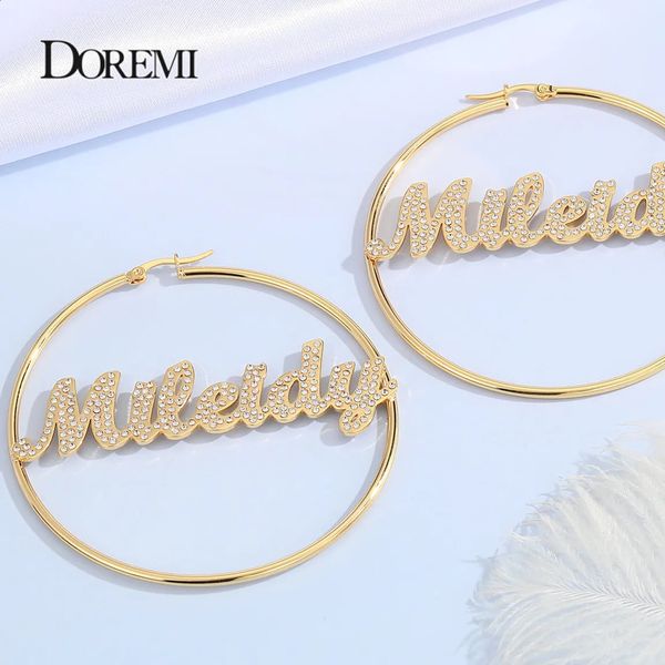 DOREMI Stainless Name Hoops Earrings Custom Big Hoop Crystal Earrings Letter Personalized Earring Women Valentines Day Gift 250207