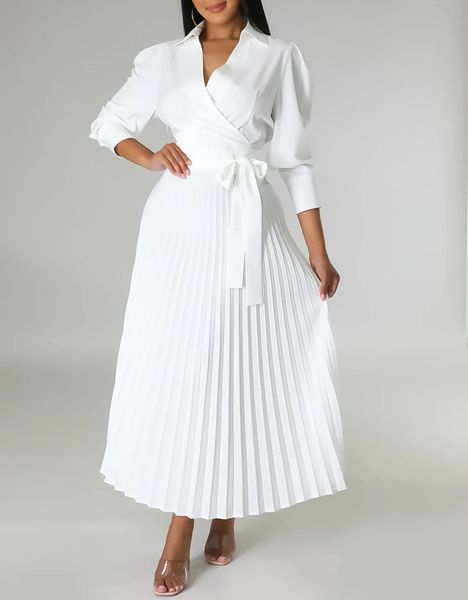 Summer Pleated Maxi Dress Women Casual Solid Turn Down Collar Half Sleeve Ruched Party Club Work Business Wedding Dress Women 240805