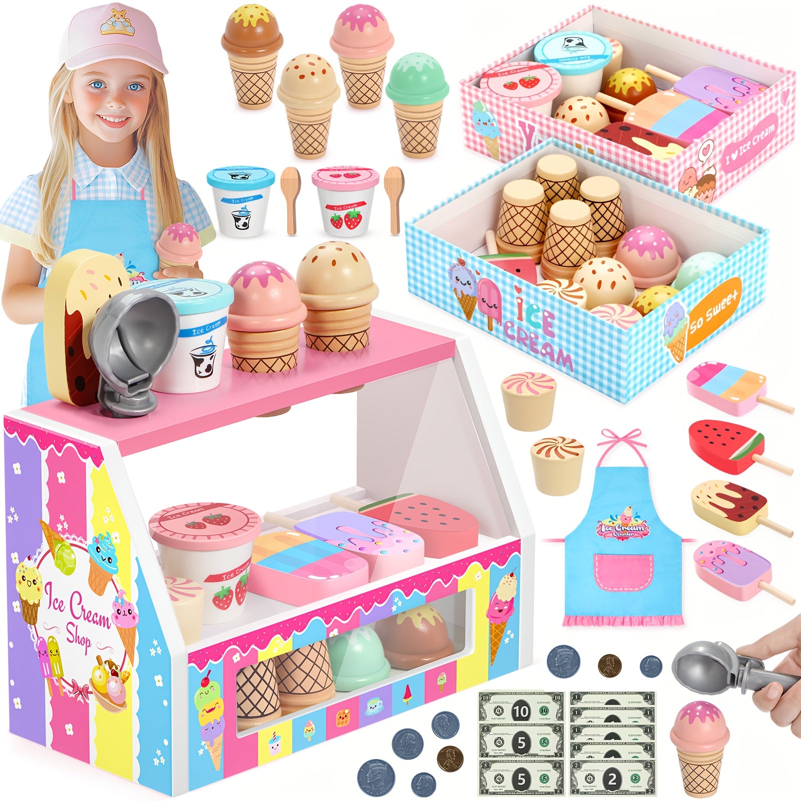 TEMU Ice Cream Toy, Wooden Ice Cream Play Set, Pretend Play Kitchen Toys, Ice Cream Toys, Ice Playset , Gifts Toys For 3 4 + Year Old Girls Boys