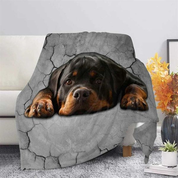 Grey Flannel Fleece Blanket and Throws for Sofa Winter Warm Bedding German Rottweiler Print Thin Quilts for Office Nap BlanketsXJ240813