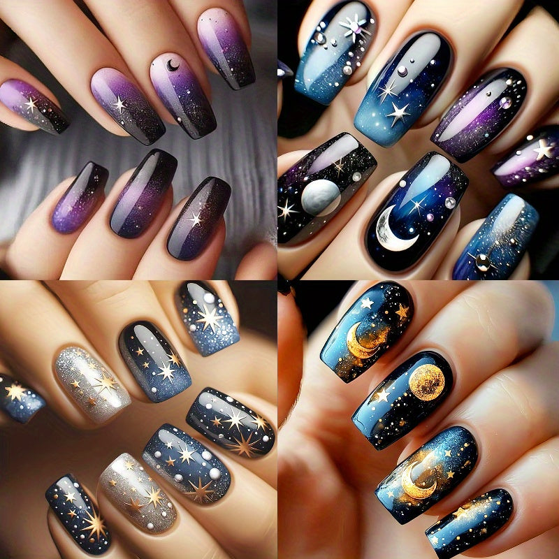 TEMU Stars Press On Nails Starry Sky Stick On Milky Way Acrylic Short Square Fake Nail Glossy Blue Gradient False Nails Universe Gel Glue On Nail For