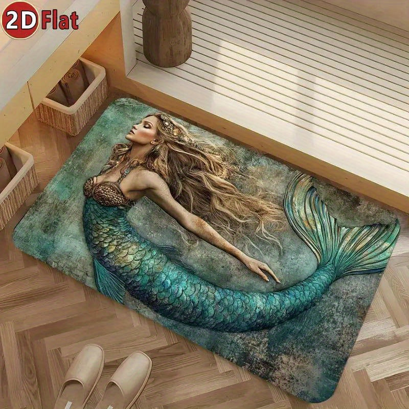 TEMU 1pc Mermaid-themed Non-slip Quick-dry Bath Mat - Absorbent Diatomaceous Earth Rug With Teal Green , Bathroom, Kitchen, And Living Room Decor -