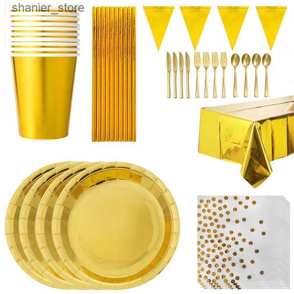 Disposable Dinnerware Gold Disposable Paper Plates Cups Straw napkins cakestand Tableware Sets for Adult Kids Birthday Party Supplies Gold T